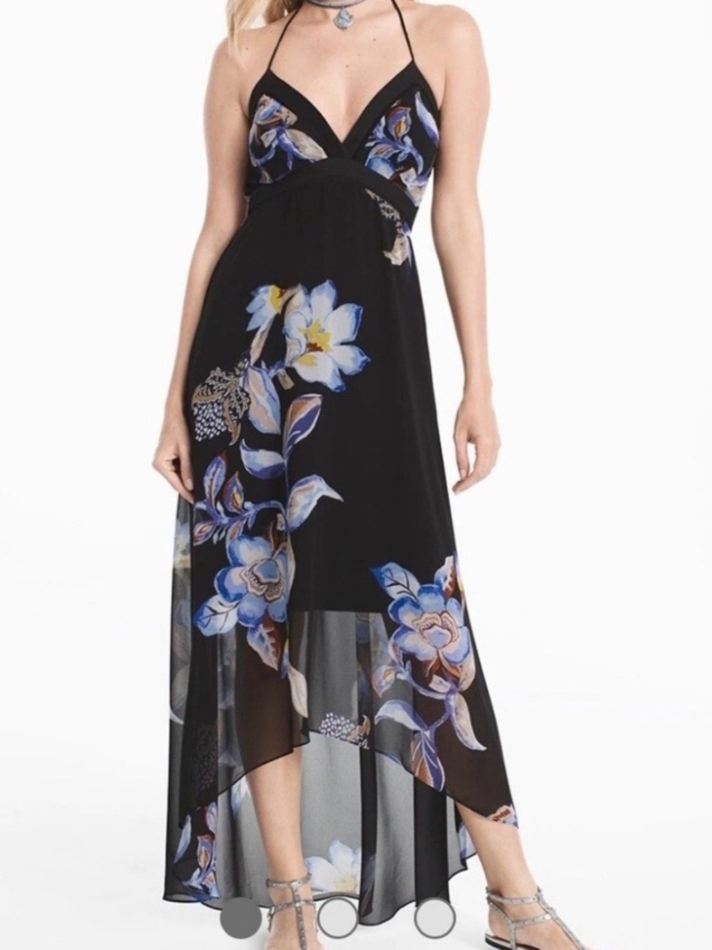 White House Black Market Floral High-Low Maxi Dress Black Blue Size 6